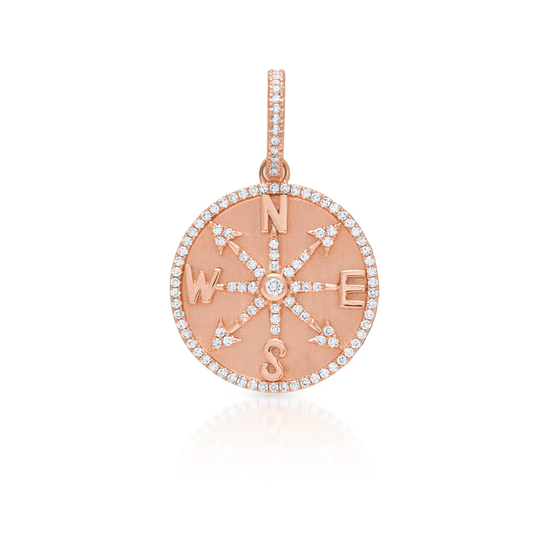 14KT Rose Gold Diamond Compass Medallion Charm with Diamond Clip on Bail