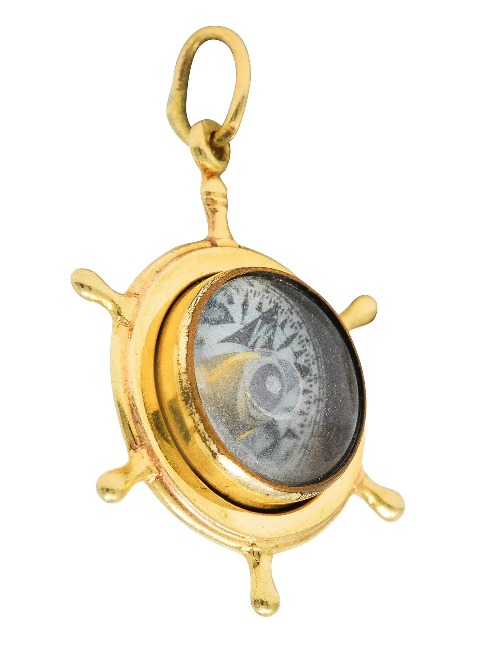 1960 His Lordship Prod's Co. 14 Karat Yellow Gold Rock Crystal Quartz  Nautical Wheel Compass Vintage Charm