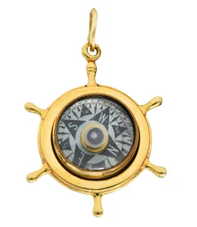 1960 His Lordship Prod's Co. 14 Karat Yellow Gold Rock Crystal Quartz  Nautical Wheel Compass Vintage Charm