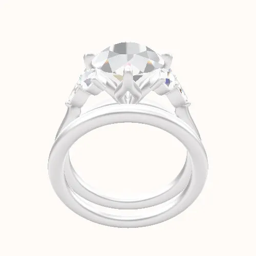 Cathedral Band with Marquise & Round Sidestone Trio Engagement Ring With Petal Compass Prong Head and Matching Band