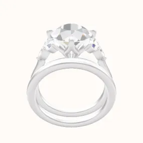 Cathedral Band with Marquise & Round Sidestone Trio Engagement Ring With Petal Compass Prong Head and Matching Band