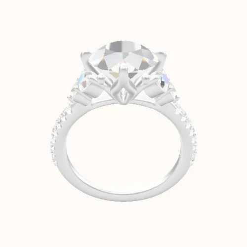 Cathedral Diamond Band with Round Sidestone Trio Engagement Ring With Petal Compass Prong Head