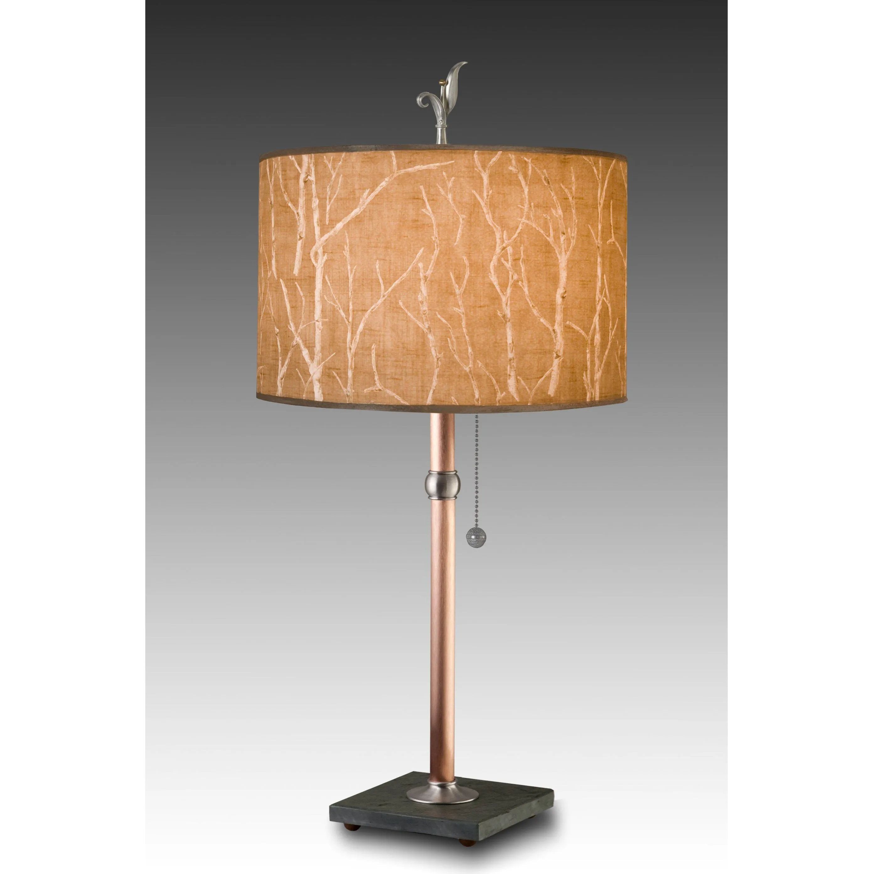 Copper Table Lamp with Large Drum Shade in Twigs