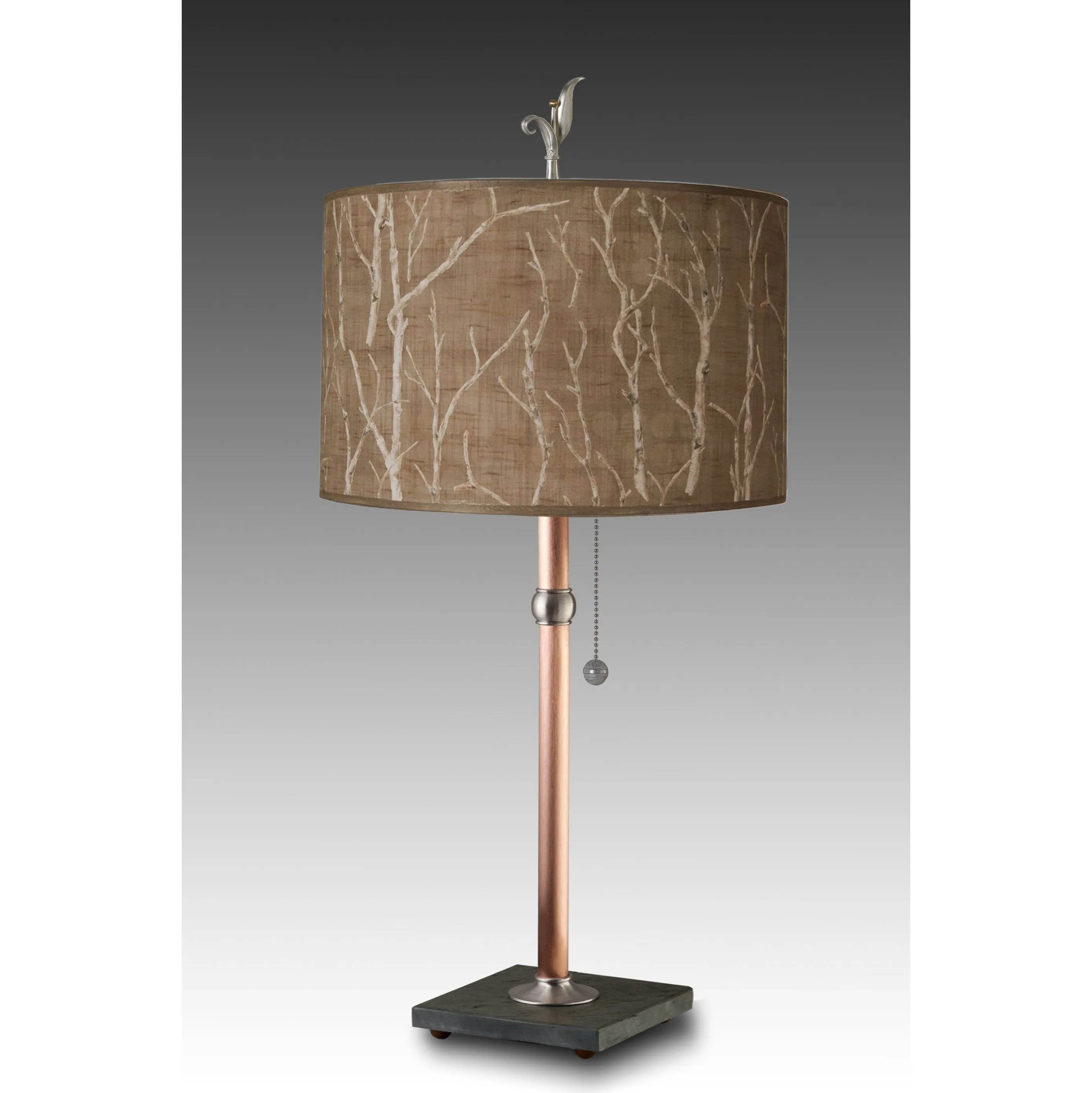 Copper Table Lamp with Large Drum Shade in Twigs