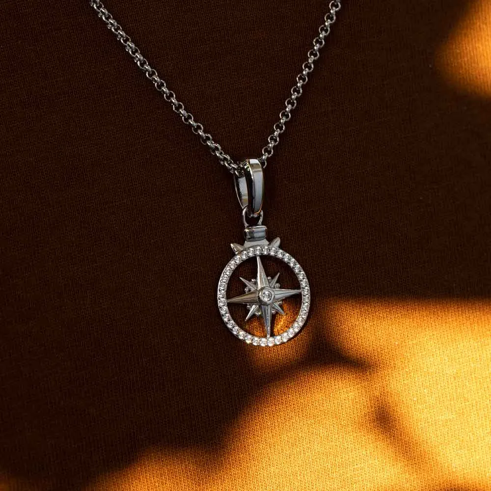 Diamond Open Compass Necklace Pendant & Cable Chain