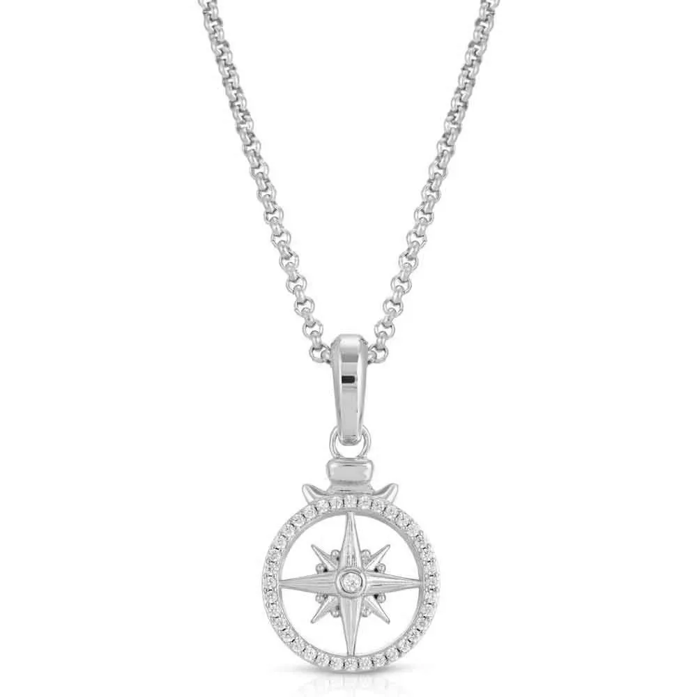 Diamond Open Compass Necklace Pendant & Cable Chain