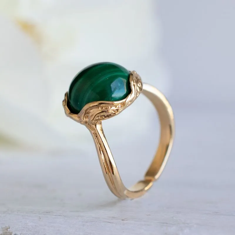 Gold Plated Malachite Sizable Large Statement Ring