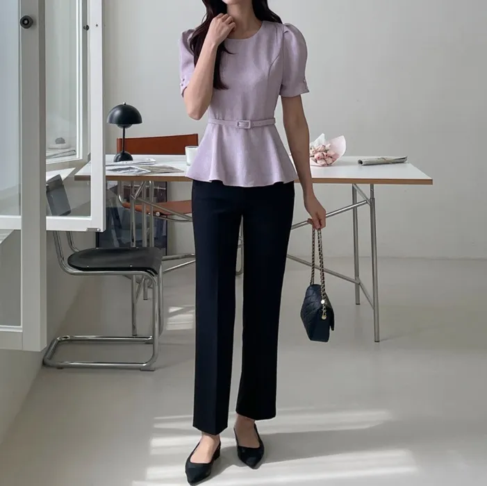 I AM MARI  |Tweed Plain Short Sleeves Party Style Office Style