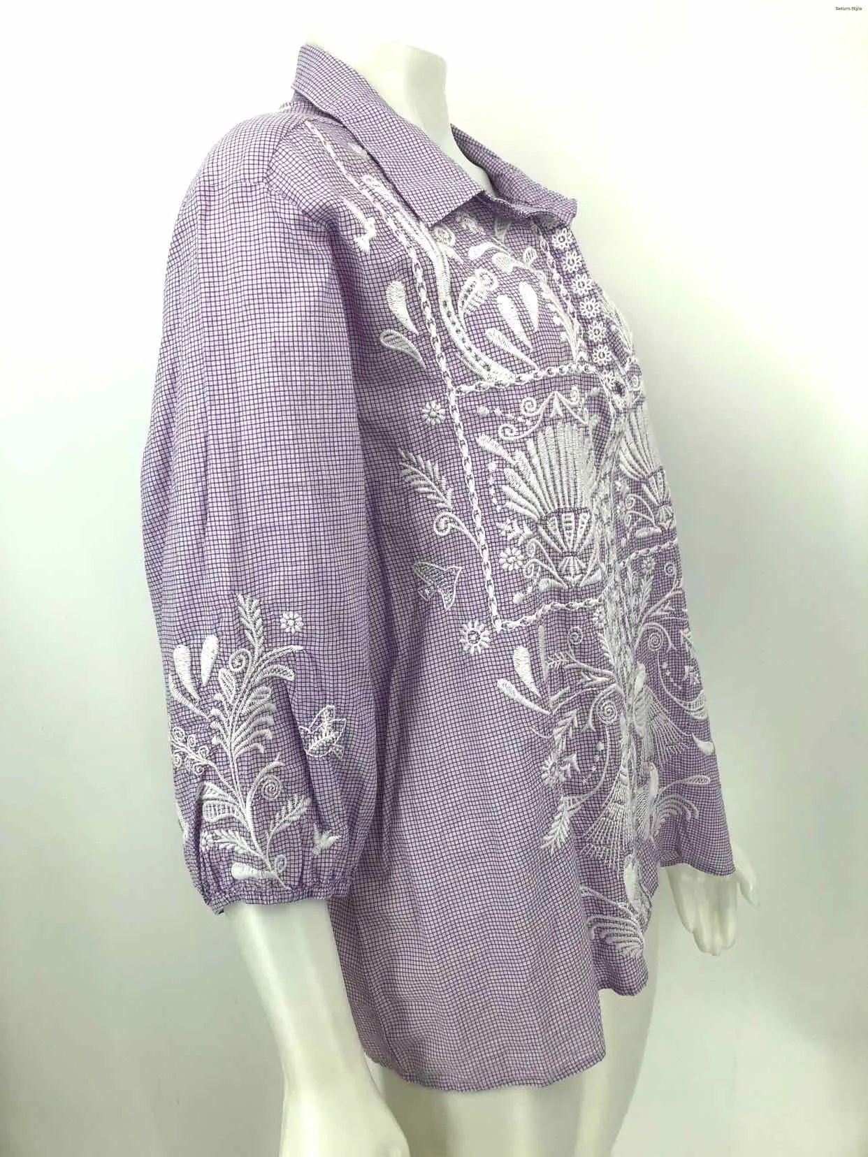 JOHNNY WAS Lavender White Embroidered Shirt Size X-LARGE Top