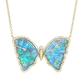 Large Teal Tourmaline and Pearl Butterfly Necklace with Diamonds