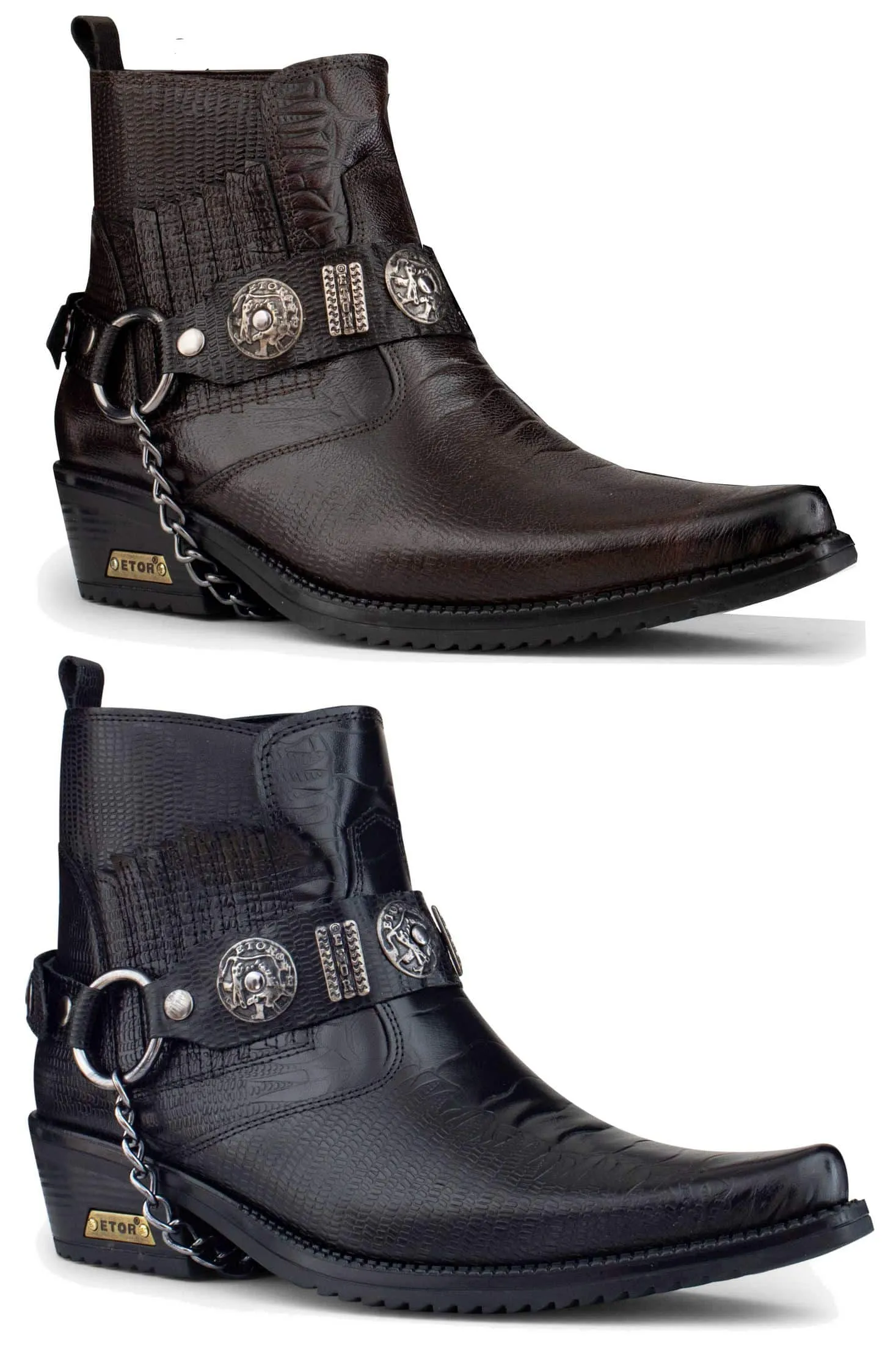 Mens Real Leather Cowboy Boots with Chain