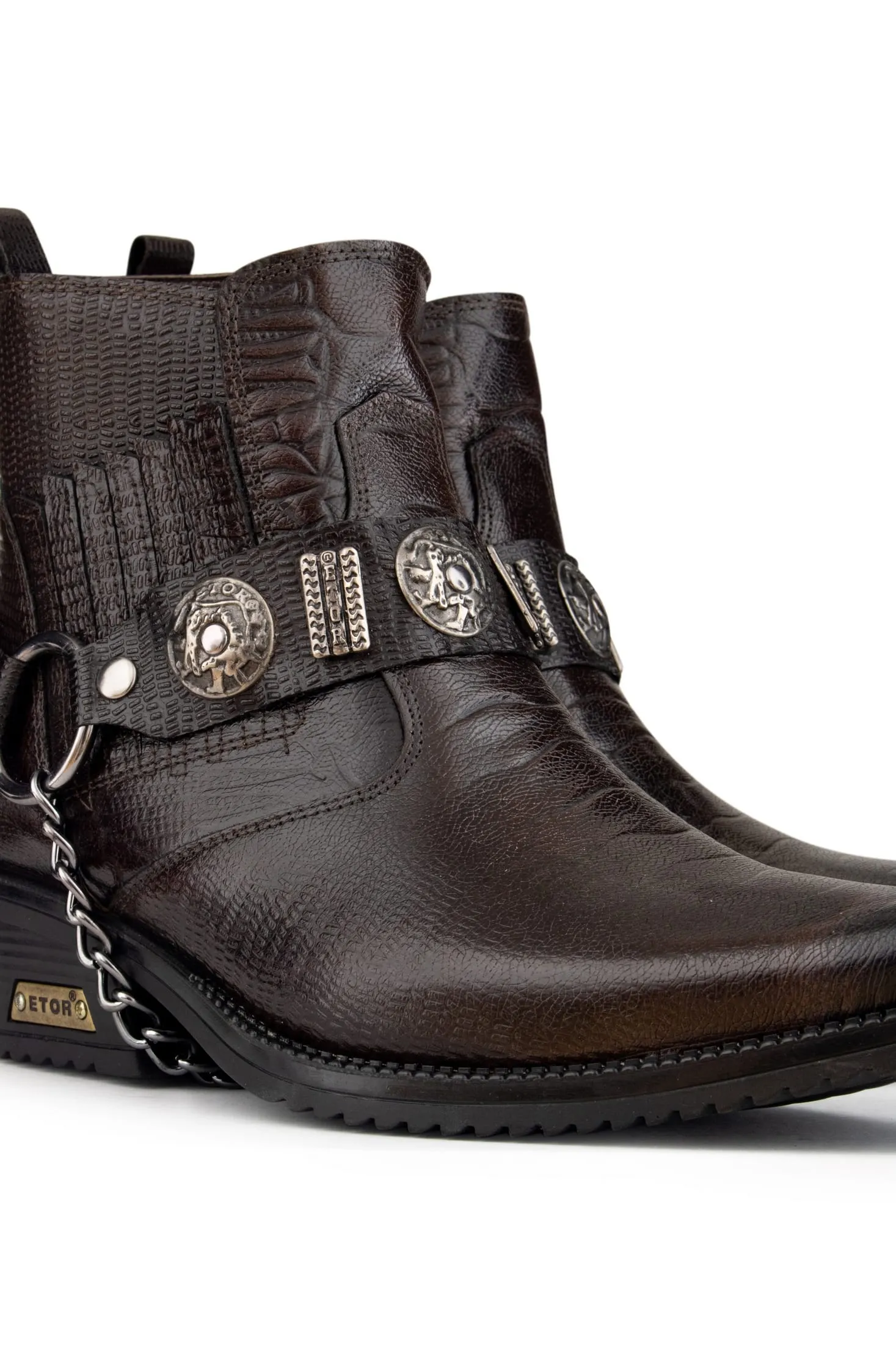 Mens Real Leather Cowboy Boots with Chain