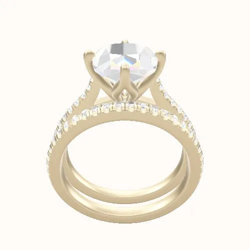 Pave Cathedral Engagement Ring With Petal Compass Prong Head and Matching Band