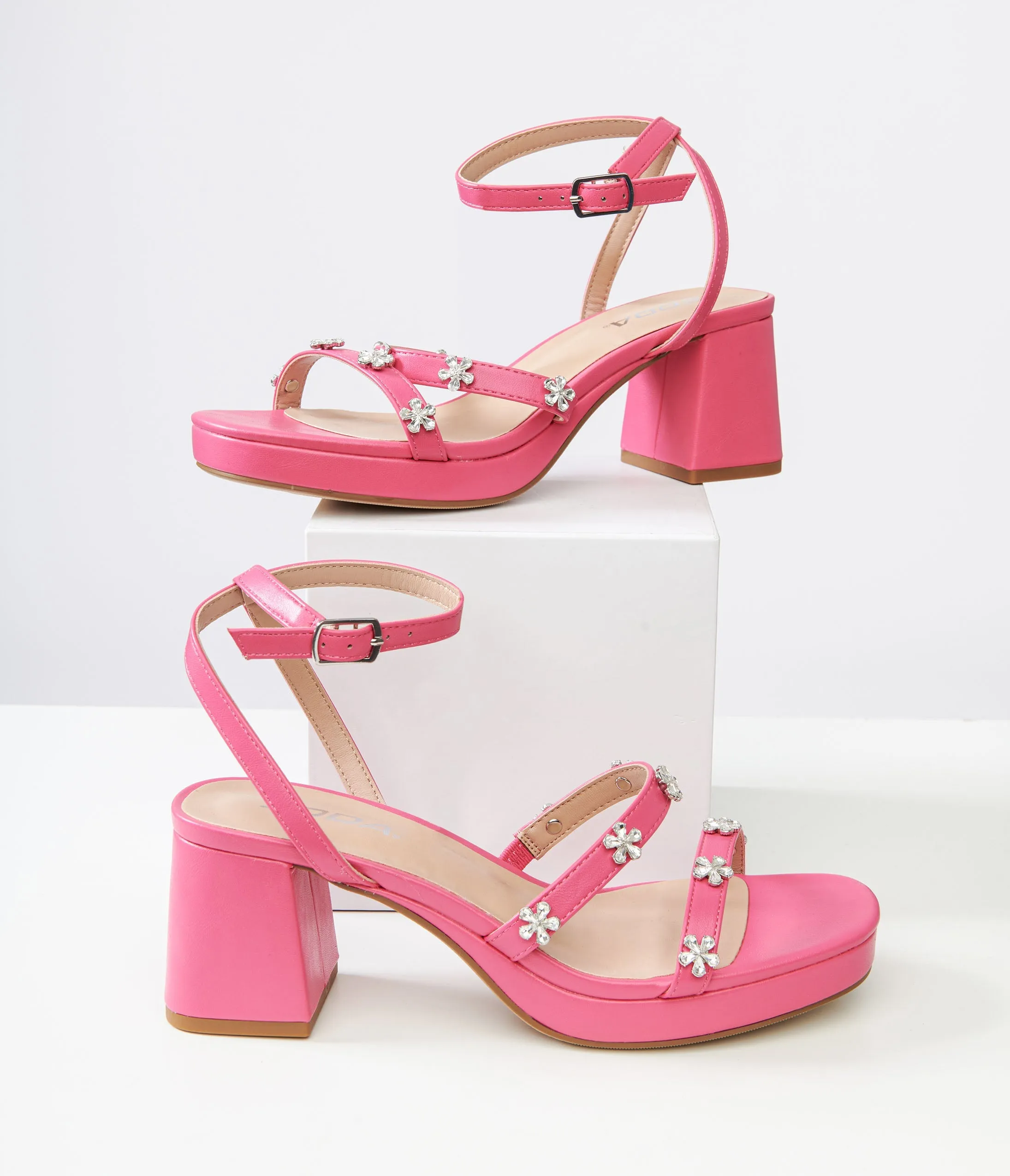 Pink Leatherette & Rhinestone Floral Platform Heels