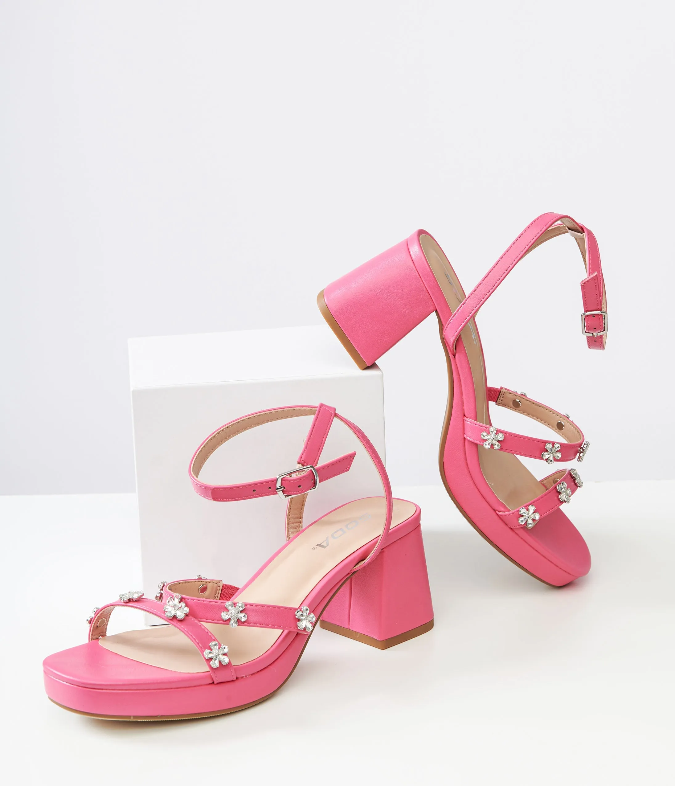 Pink Leatherette & Rhinestone Floral Platform Heels