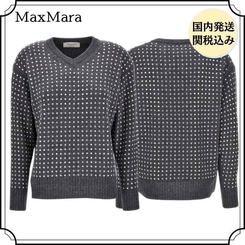 SPORT MAX  |Dots Casual Style Wool V-Neck Long Sleeves Office Style