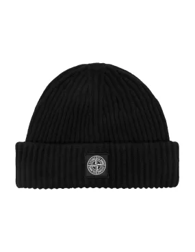 STONE ISLAND Black Ribbed Wool Beanie With Logo