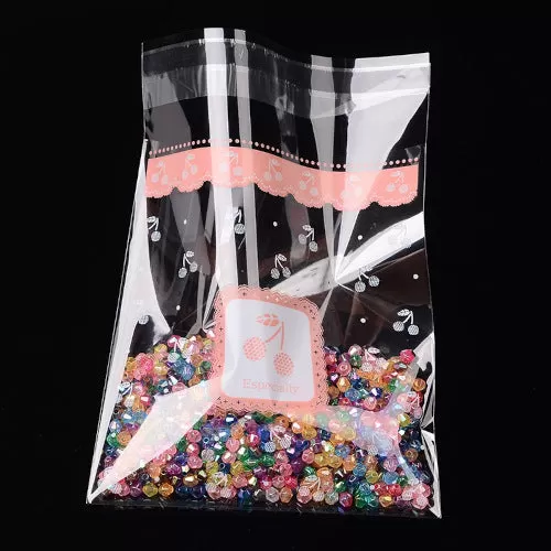 Storage Bags, Self-Adhesive, OPP Cellophane Bags, Rectangle, Cherry Pattern, White, Pink, 14cm