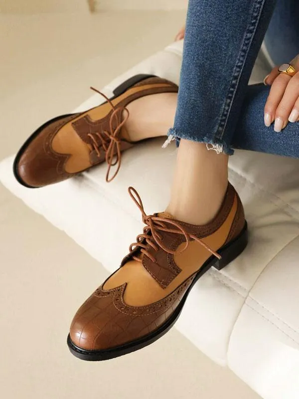 Women's Round Toe Puppy Heel PU Leather Oxfords